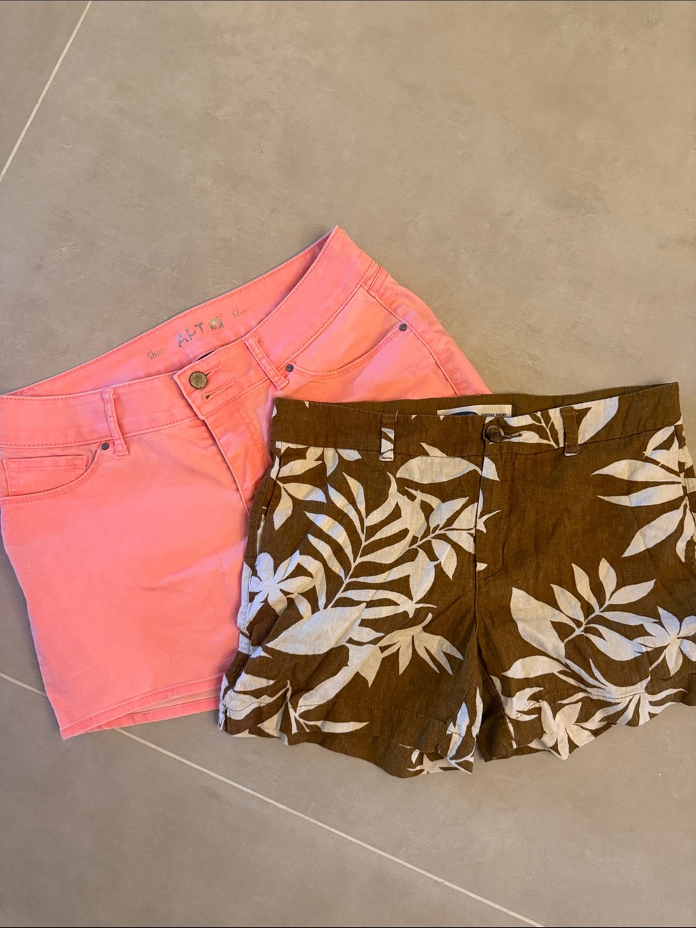 High-Rise Coral Pink Denim Shorts & Olive Leaf Print Cotton Shorts - 2 Pack